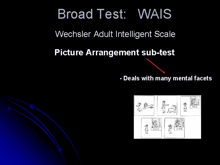 Broad Test: WAIS Wechsler Adult Intelligent Scale Picture Arrangement sub-test - Deals with many