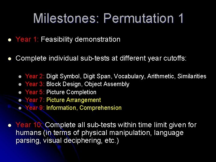 Milestones: Permutation 1 l Year 1: Feasibility demonstration l Complete individual sub-tests at different