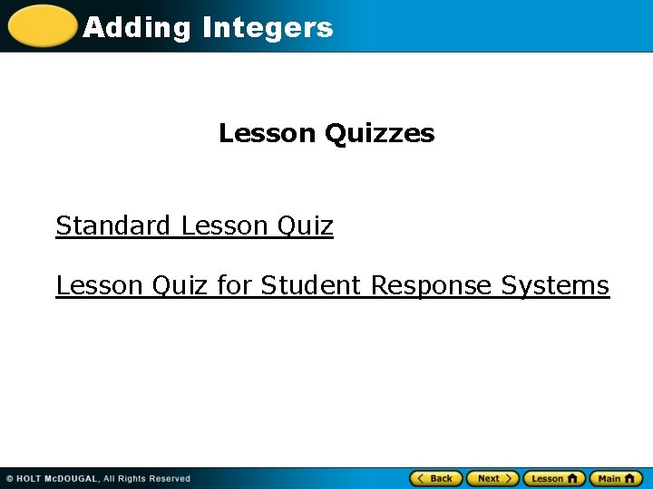 Adding Integers Lesson Quizzes Standard Lesson Quiz for Student Response Systems 