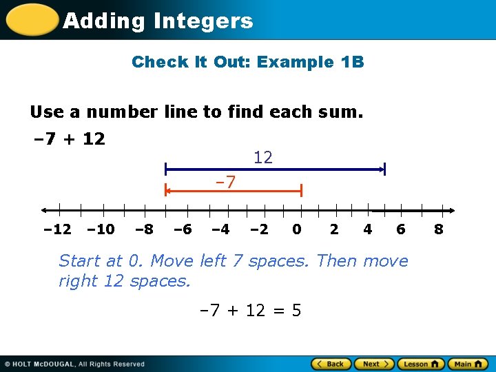 Adding Integers Check It Out: Example 1 B Use a number line to find