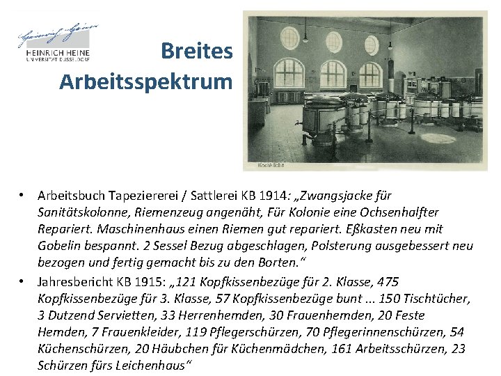 Breites Arbeitsspektrum • Arbeitsbuch Tapeziererei / Sattlerei KB 1914: „Zwangsjacke für Sanitätskolonne, Riemenzeug angenäht,