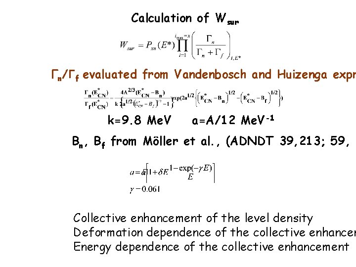 Calculation of Wsur Γn/Γf evaluated from Vandenbosch and Huizenga expr k=9. 8 Me. V
