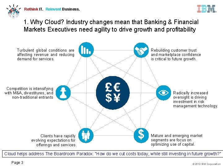 Rethink IT. Reinvent Business. 1. Why Cloud? Industry changes mean that Banking & Financial