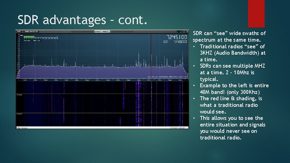 SDR advantages – cont. SDR can “see” wide swaths of spectrum at the same