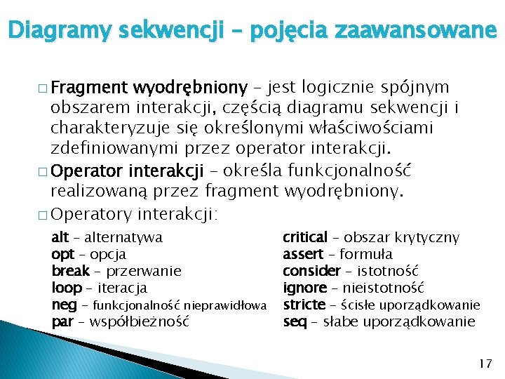 Diagramy sekwencji – pojęcia zaawansowane � Fragment wyodrębniony – jest logicznie spójnym obszarem interakcji,