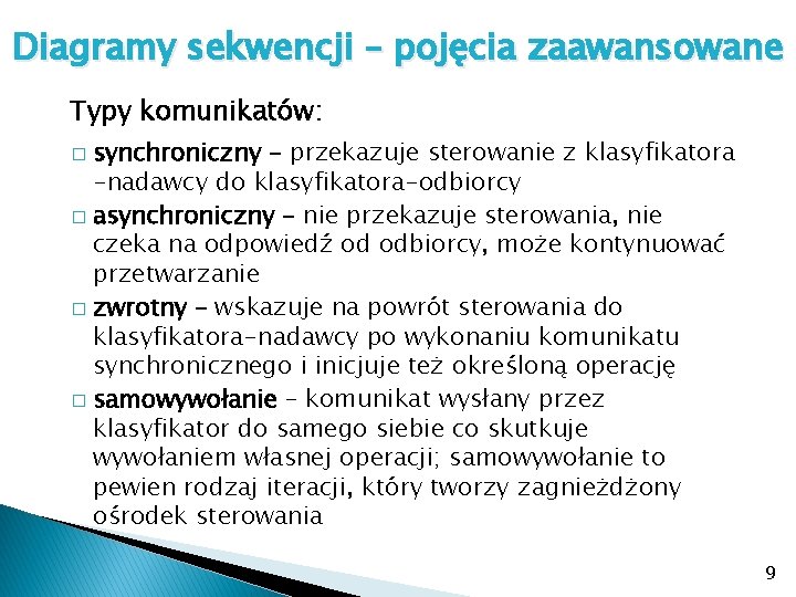 Diagramy sekwencji – pojęcia zaawansowane Typy komunikatów: synchroniczny – przekazuje sterowanie z klasyfikatora -nadawcy