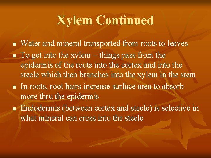 Xylem Continued n n Water and mineral transported from roots to leaves To get