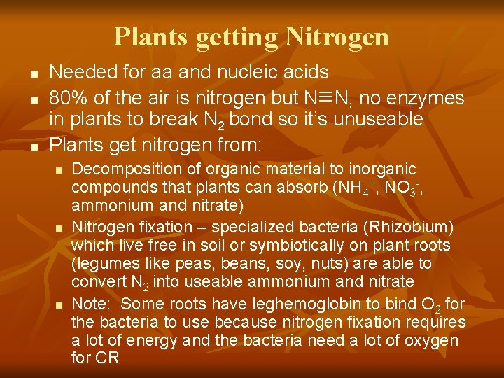 Plants getting Nitrogen n Needed for aa and nucleic acids 80% of the air