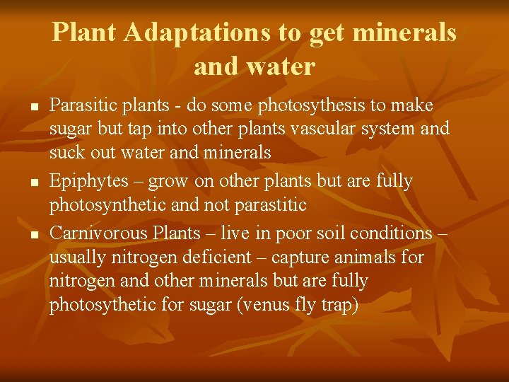 Plant Adaptations to get minerals and water n n n Parasitic plants - do