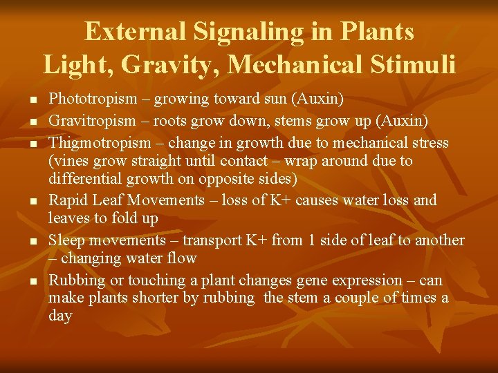 External Signaling in Plants Light, Gravity, Mechanical Stimuli n n n Phototropism – growing