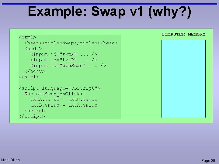 Example: Swap v 1 (why? ) Mark Dixon Page 30 