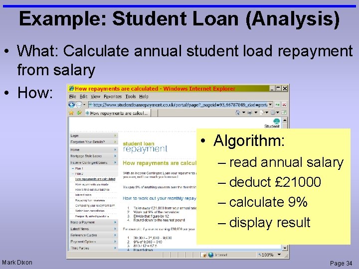 Example: Student Loan (Analysis) • What: Calculate annual student load repayment from salary •