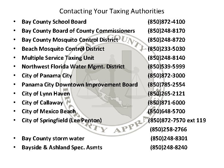 Contacting Your Taxing Authorities • • • Bay County School Board Bay County Board
