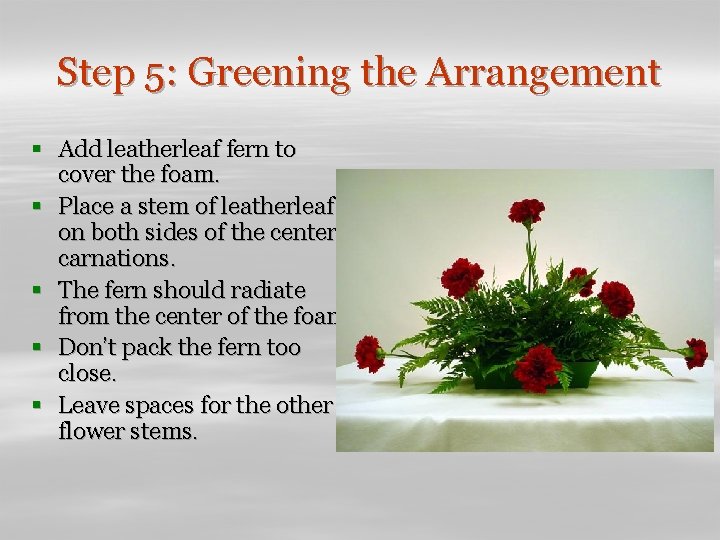 Step 5: Greening the Arrangement § Add leatherleaf fern to cover the foam. §