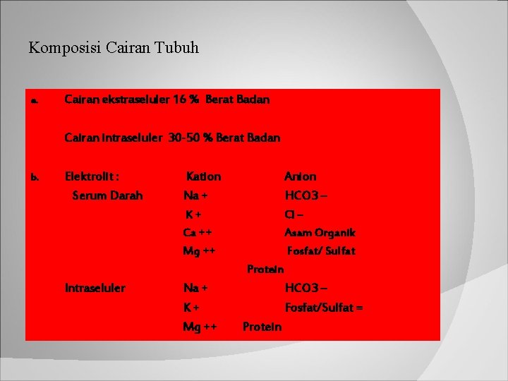 Komposisi Cairan Tubuh a. Cairan ekstraseluler 16 % Berat Badan Cairan intraseluler 30 -50