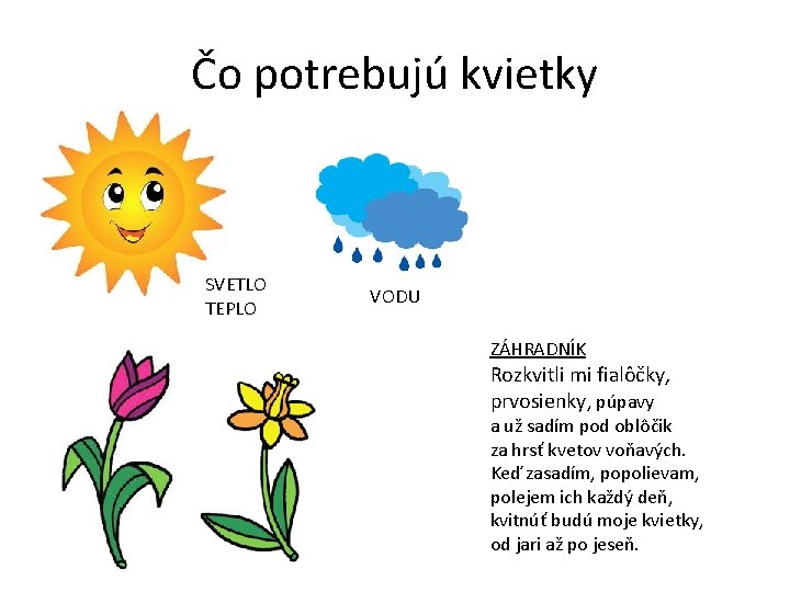 Čo potrebujú kvietky SVETLO TEPLO VODU ZÁHRADNÍK Rozkvitli mi fialôčky, prvosienky, púpavy a už