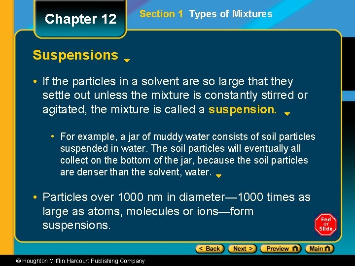 Chapter 12 Section 1 Types of Mixtures Suspensions • If the particles in a