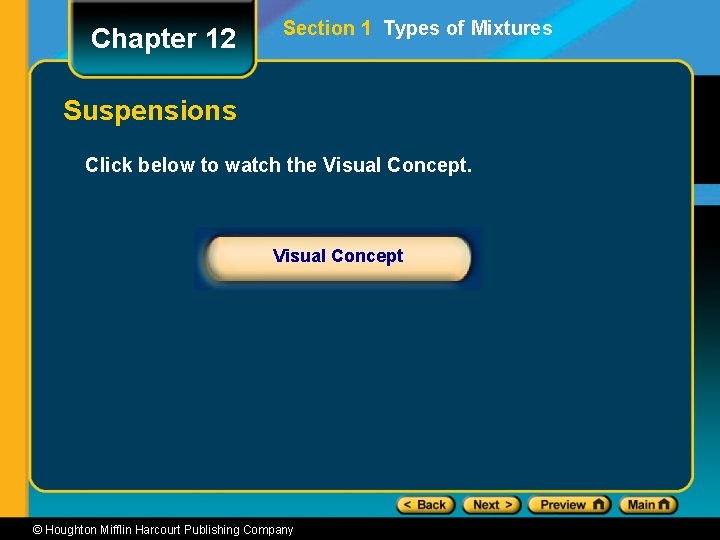 Chapter 12 Section 1 Types of Mixtures Suspensions Click below to watch the Visual