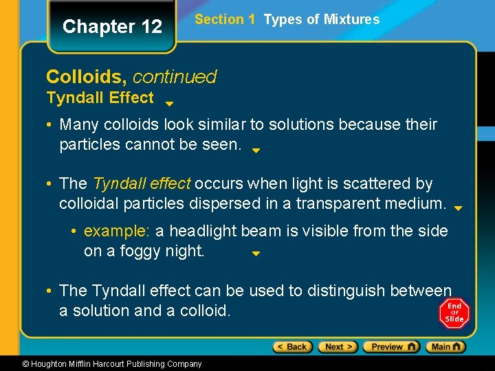 Chapter 12 Section 1 Types of Mixtures Colloids, continued Tyndall Effect • Many colloids