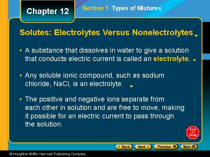 Chapter 12 Section 1 Types of Mixtures Solutes: Electrolytes Versus Nonelectrolytes • A substance