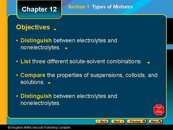 Chapter 12 Section 1 Types of Mixtures Objectives • Distinguish between electrolytes and nonelectrolytes.