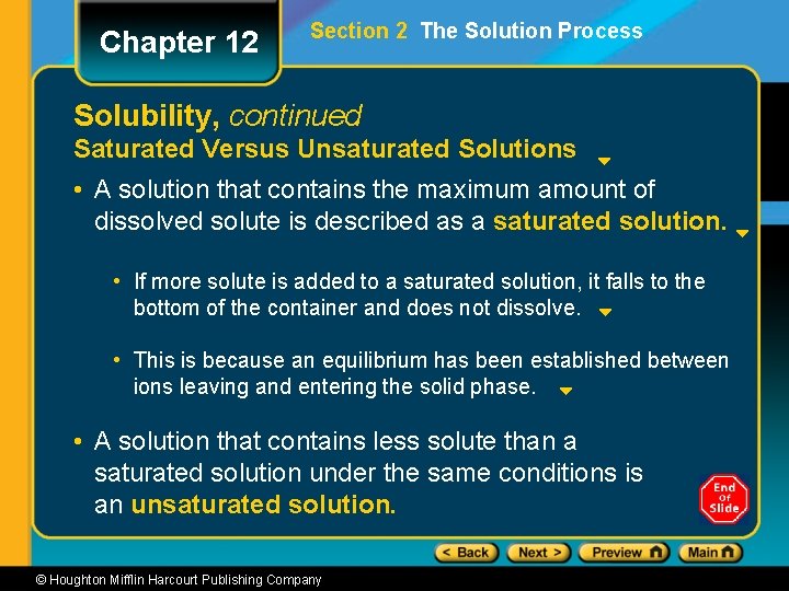 Chapter 12 Section 2 The Solution Process Solubility, continued Saturated Versus Unsaturated Solutions •