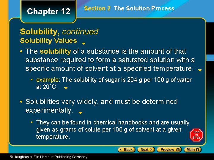 Chapter 12 Section 2 The Solution Process Solubility, continued Solubility Values • The solubility