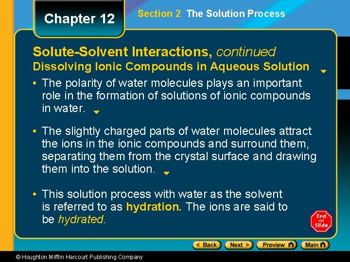 Chapter 12 Section 2 The Solution Process Solute-Solvent Interactions, continued Dissolving Ionic Compounds in