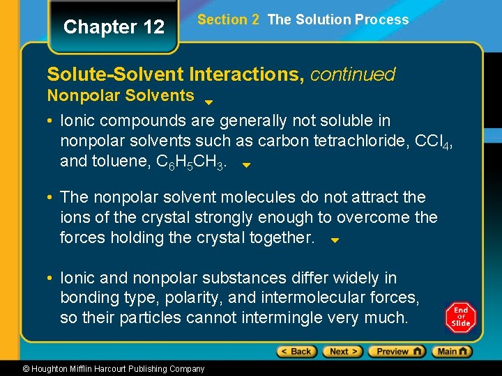 Chapter 12 Section 2 The Solution Process Solute-Solvent Interactions, continued Nonpolar Solvents • Ionic