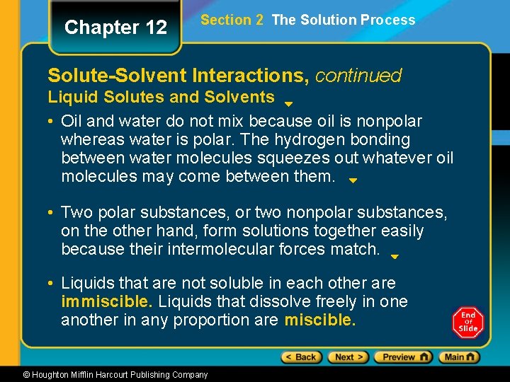 Chapter 12 Section 2 The Solution Process Solute-Solvent Interactions, continued Liquid Solutes and Solvents