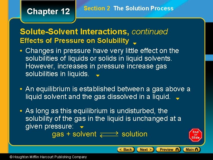 Chapter 12 Section 2 The Solution Process Solute-Solvent Interactions, continued Effects of Pressure on