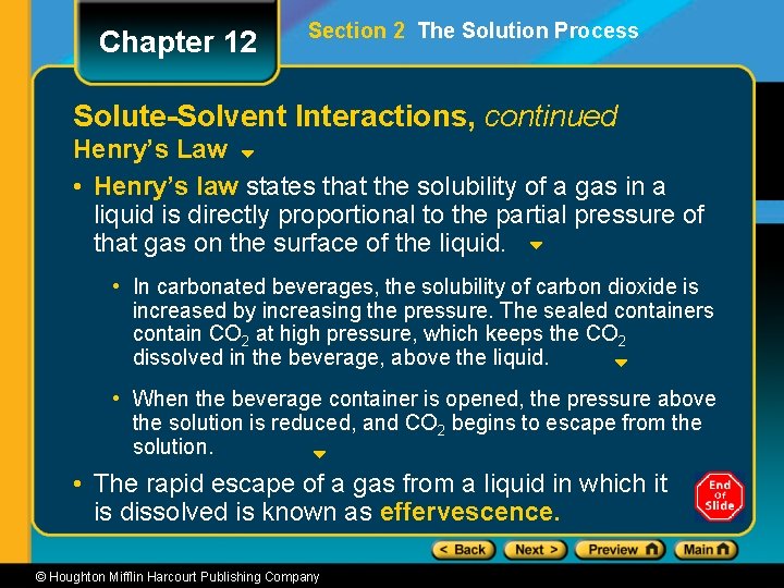 Chapter 12 Section 2 The Solution Process Solute-Solvent Interactions, continued Henry’s Law • Henry’s