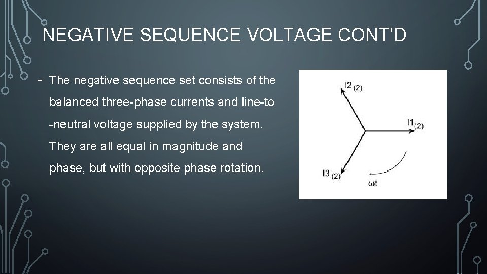 NEGATIVE SEQUENCE VOLTAGE CONT’D - The negative sequence set consists of the balanced three-phase