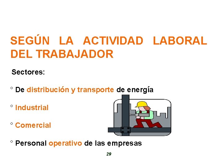 SEGÚN LA ACTIVIDAD LABORAL DEL TRABAJADOR Sectores: ° De distribución y transporte de energía