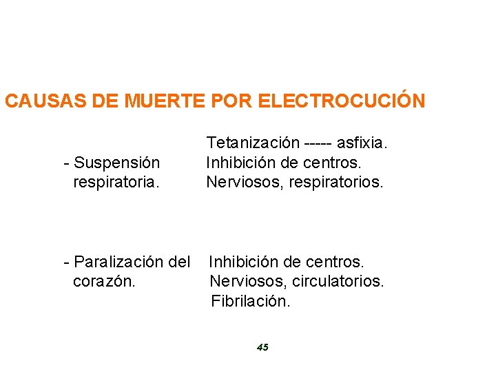 CAUSAS DE MUERTE POR ELECTROCUCIÓN - Suspensión respiratoria. - Paralización del corazón. Tetanización -----