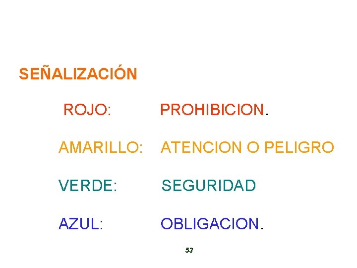 SEÑALIZACIÓN ROJO: PROHIBICION. AMARILLO: ATENCION O PELIGRO VERDE: SEGURIDAD AZUL: OBLIGACION. 53 