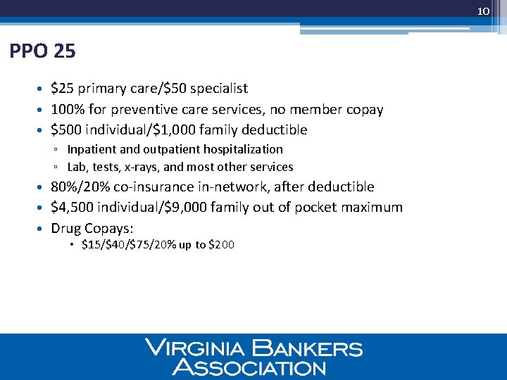 10 PPO 25 • $25 primary care/$50 specialist • 100% for preventive care services,