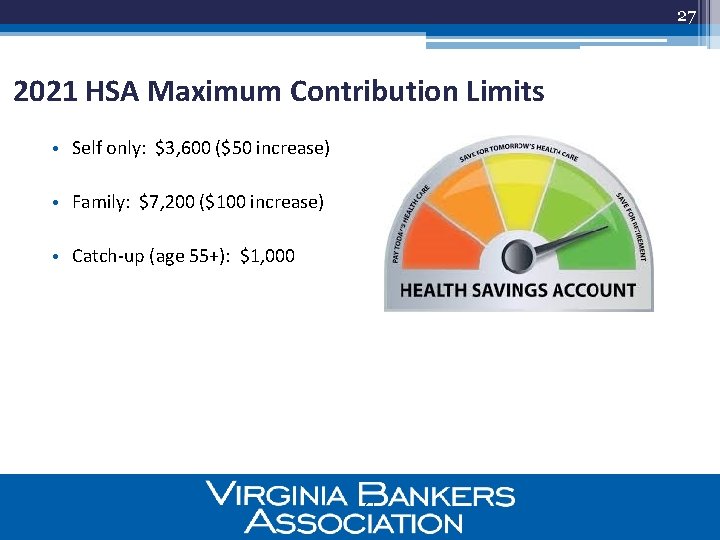 27 2021 HSA Maximum Contribution Limits • Self only: $3, 600 ($50 increase) •