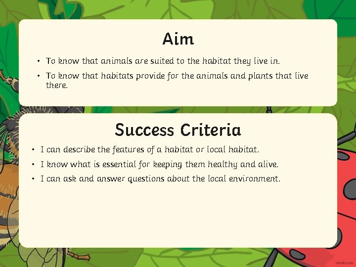 Aim • To know that animals are suited to the habitat they live in. Aim • To know that animals are suited to the habitat they live in.
