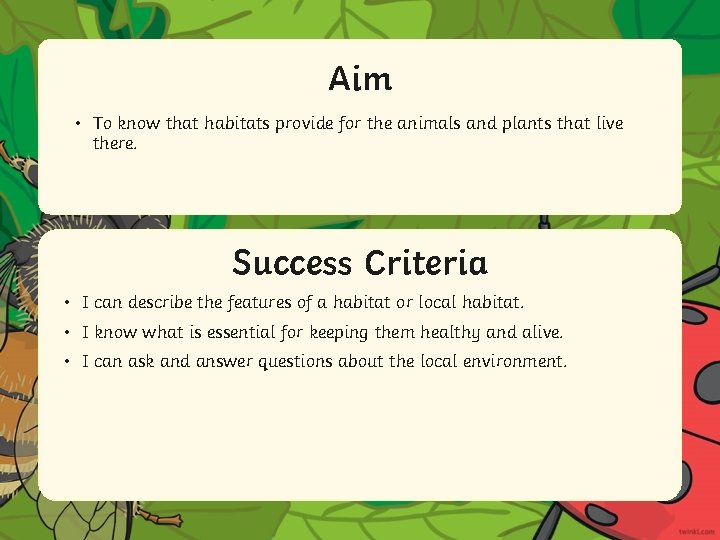 Aim • To know that habitats provide for the animals and plants that live Aim • To know that habitats provide for the animals and plants that live