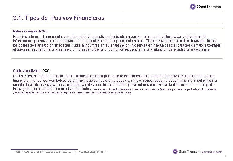 BORRADOR 3. 1. Tipos de Pasivos Financieros Valor razonable (PGC) Es el importe por