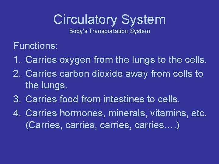 Circulatory System Body’s Transportation System Functions: 1. Carries oxygen from the lungs to the