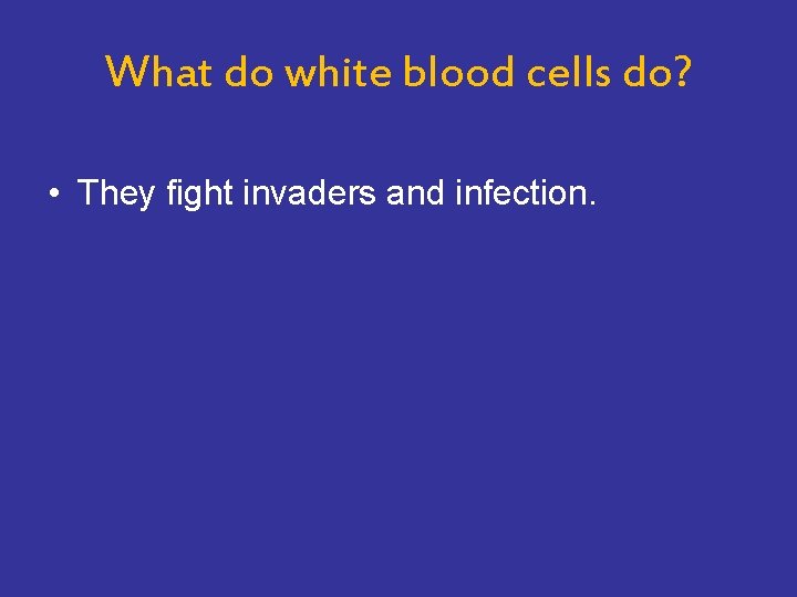 What do white blood cells do? • They fight invaders and infection. 