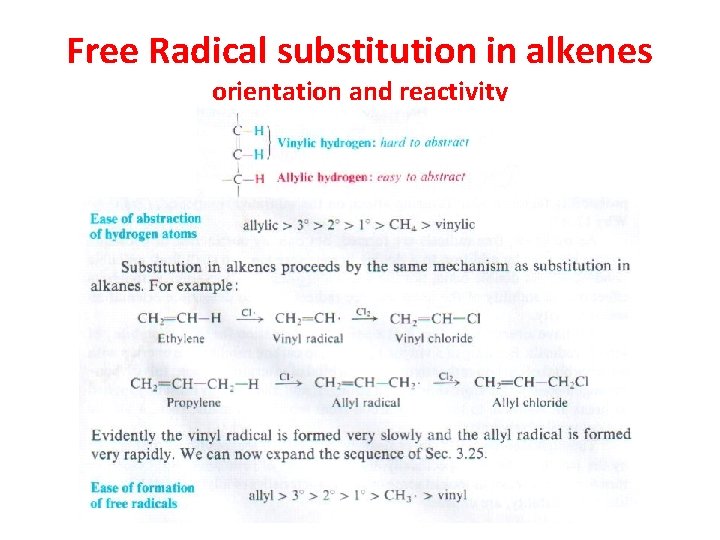 Free Radical substitution in alkenes orientation and reactivity 