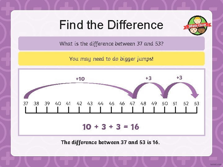 Find the Difference What is the difference between 37 and 53? You may need