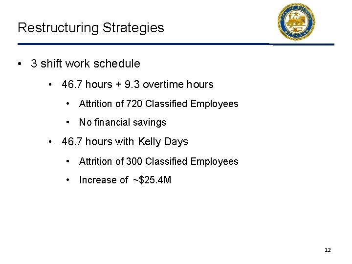 Restructuring Strategies • 3 shift work schedule • 46. 7 hours + 9. 3