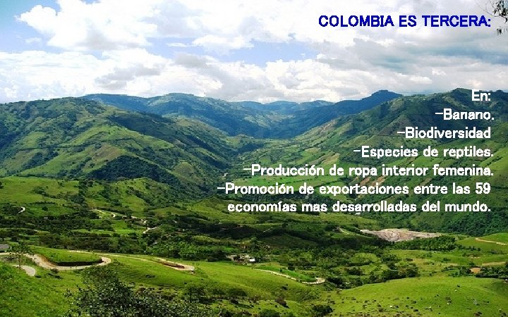 COLOMBIA ES TERCERA: En: -Banano. -Biodiversidad -Especies de reptiles. -Producción de ropa interior femenina.