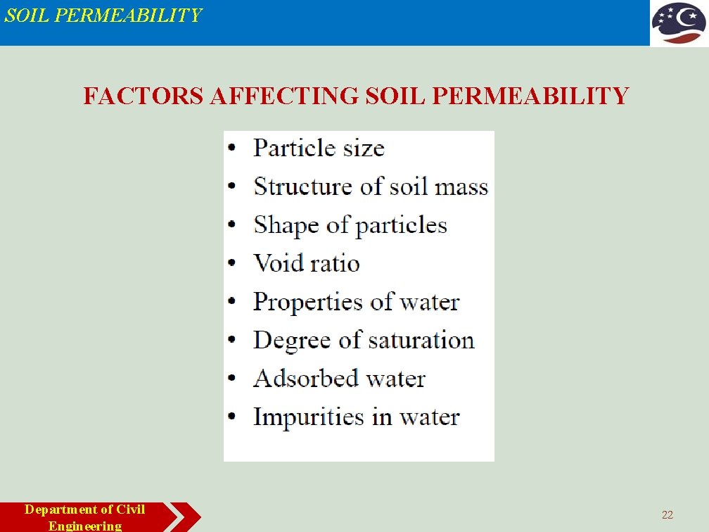 SOIL PERMEABILITY FACTORS AFFECTING SOIL PERMEABILITY Department of Civil Engineering 22 