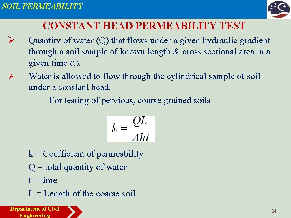 SOIL PERMEABILITY CONSTANT HEAD PERMEABILITY TEST Ø Ø Quantity of water (Q) that flows