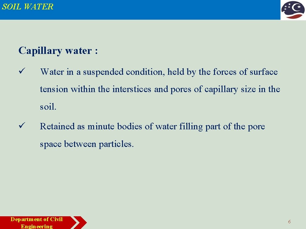 SOIL WATER Capillary water : Water in a suspended condition, held by the forces